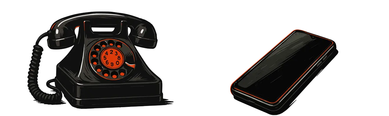 A comparison between a 1920s phone on the left and a 2020s phone on the right.