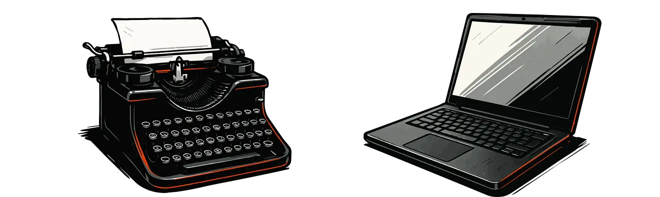 A comparison between a 1920s typewriter on the left and a 2020s laptop on the right.